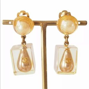 CHANEL Clear Drop Pearl Coco Mark Earrings Gold Authentic